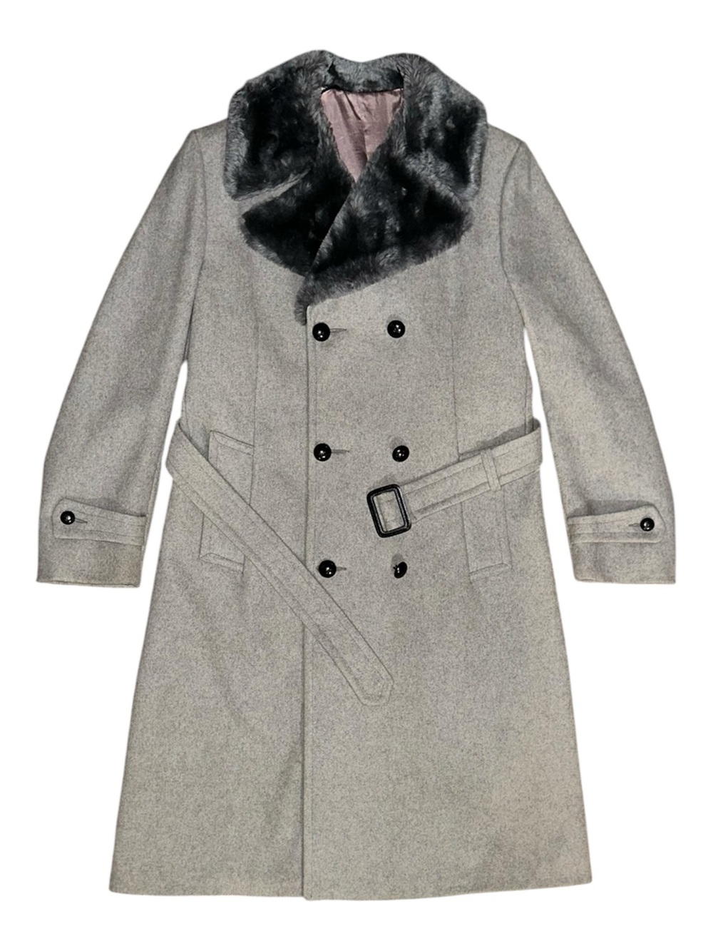 Masculine Vintage Double-Breasted Wool Coat with Faux Fur Collar — Gray